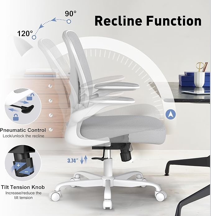 Ergonomic Office Chair with Adjustable Lumbar Support, Mesh Home Office Desk Chair with Wheels and Flip-up Arms, Grey