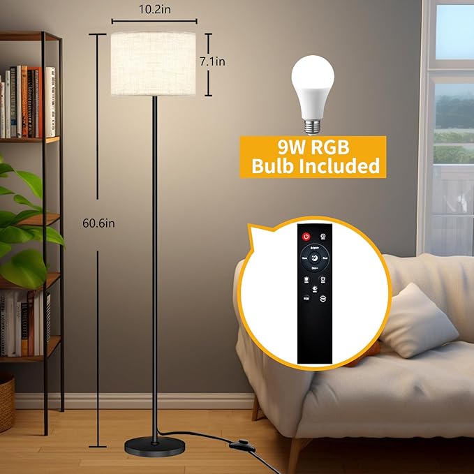 Smart LED Floor Lamp with APP Control & RGB Colors - Dimmable Standing Lamp for Living Room, Bedroom, Gaming - Remote, Timer, 9W Bulb Included, 60.6" Modern Tall Lamp (Beige)