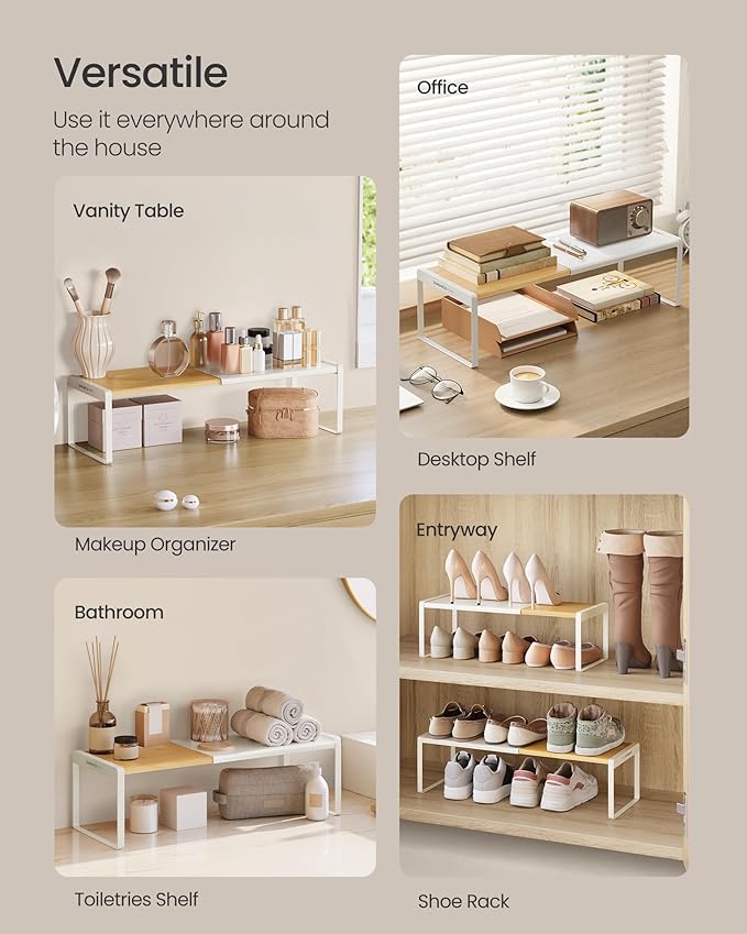 SONGMICS HOME Spice Rack, Expandable Cupboard Shelf Orgnizer, Kitchen Counter Shelf, Bamboo and Metal, Space-Saving Shelving, Stackable, Light Bamboo and Cream White UKCS052W01