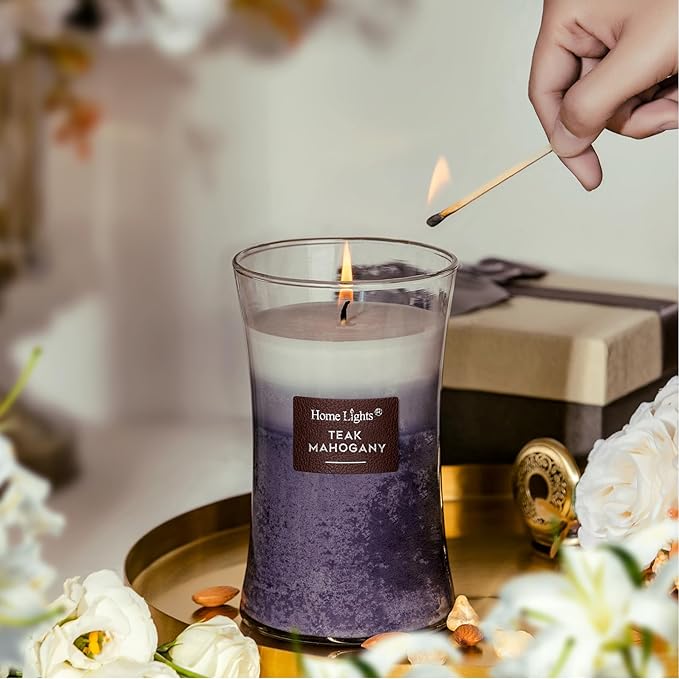 HomeLights 3-Layer Candles for Home Scented, 21.52 OZ Natural Soy Wax Scented Candles Burns Up to 100 Hours, Large Jar, Teak Mahogany