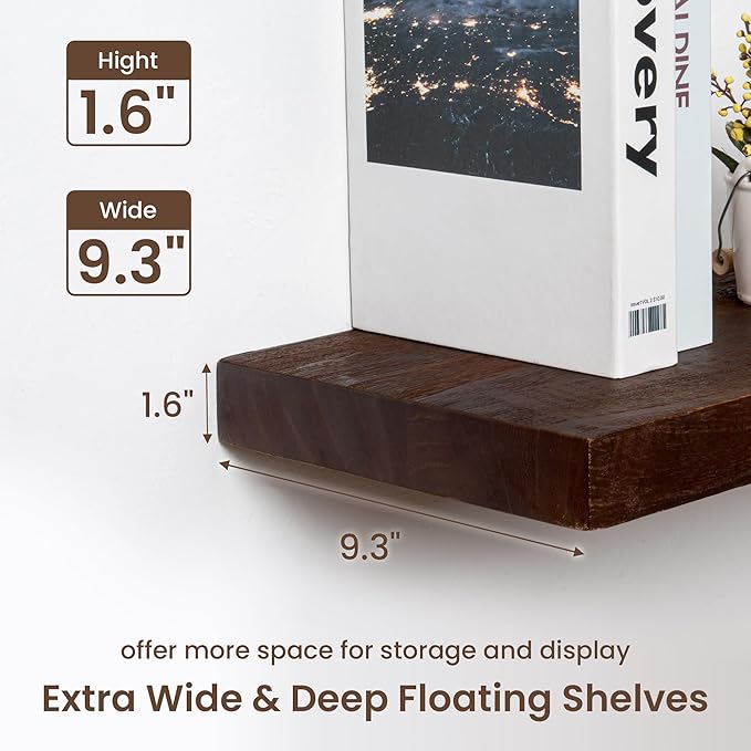 fuqing 55 Inch Wide x 9.3 Inch Deep Natural Wood Floating Shelves - Set of 1 - Country Rustic Style - Wall Mounted - Extra Deep and Thick - 15 lbs Capacity