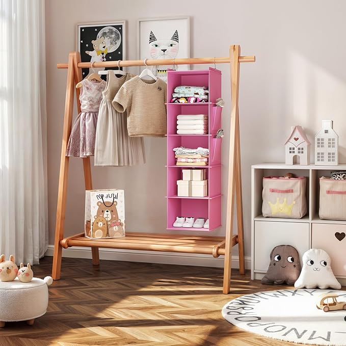 Hanging Closet Organizer, 5-Shelf Closet Hanging Storage Shelves, Light Pink