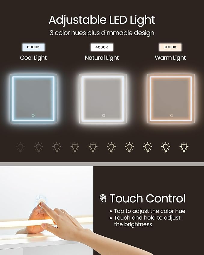 VASAGLE KAILYN Collection - 35.4-Inch Wide Vanity Desk with Mirror and Lights, Power Outlets, Vanity Table Set with Stool, Jewelry Storage, Adjustable Shelves, for Bedroom, Cloud White URDT132W02