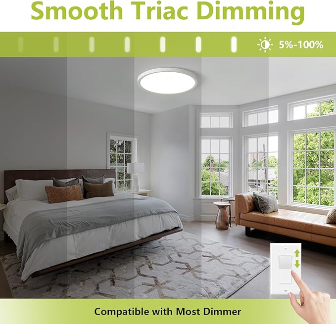 20 Inch Large Dimmable LED Flush Mount Ceiling Light - 42W 4200LM & 3CCT 3000K/4000K/6000K, Flat Round Low Profile Ceiling Fixtures for Bedroom, Kitchen,Office,White