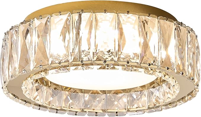Dimmable Modern Luxury Crystal LED Flush Mount Ceiling Light,11 Inch 24W/5CCT 3000K-6000K Gold Small Close to Ceiling Lighting Fixtures for Kitchen,Entryway,Laundry Room,Porch