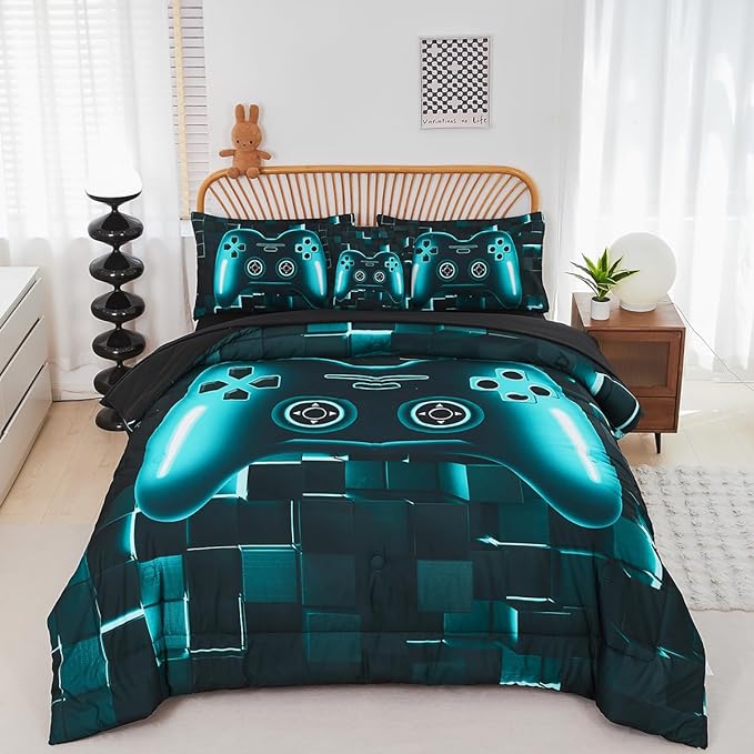 PERFEMET Gamer Bedding Set Twin Size 6-Piece Teal Blue Game Console Bed in A Bag for Boys Kids Teen 3D Black Gamepad Gaming Bedroom Collections(Teal, Twin)