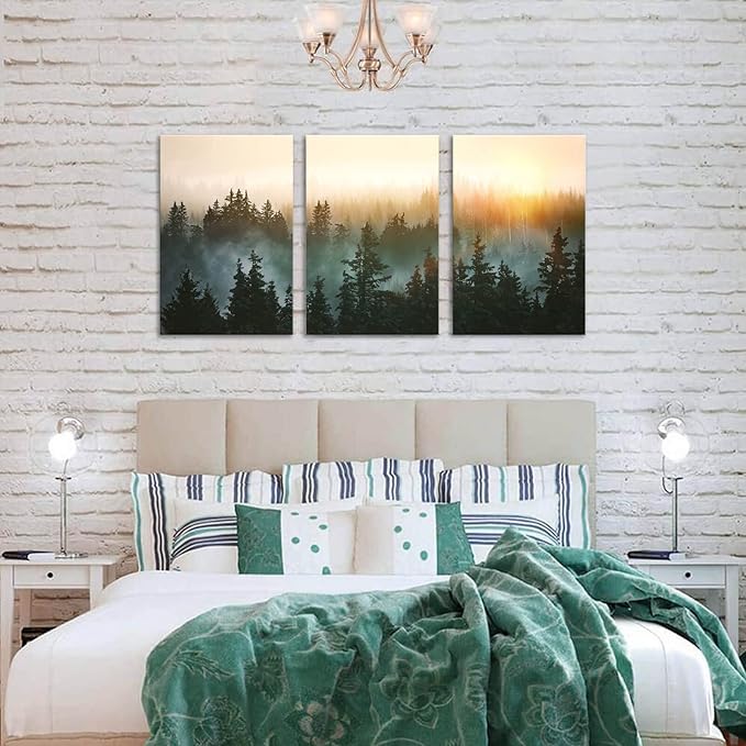 Forest Bathed in Sunlight Canvas Print Picture Painting Wall Art for Bedroom Living Room Framed 3 Piece Artwork Wall Decor for Bathroom Modern Room Plants Wall Decorations Size 16x24x3 Ready to Hang