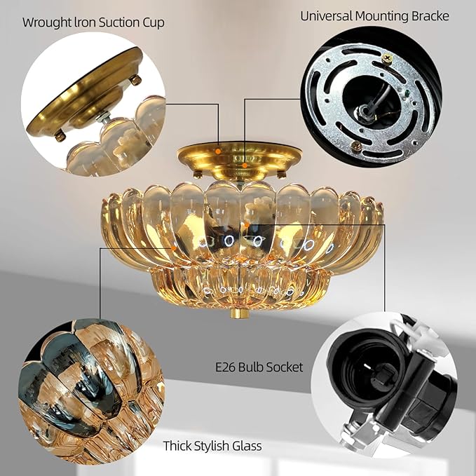 Gold Semi Flush Mount Ceiling LightAmber Glass Chandeliers Modern Light Fixture Kitchen Lights Ceiling Suitable for Hallway Living Room Kitchen Bedroom (Bulb Not Included)