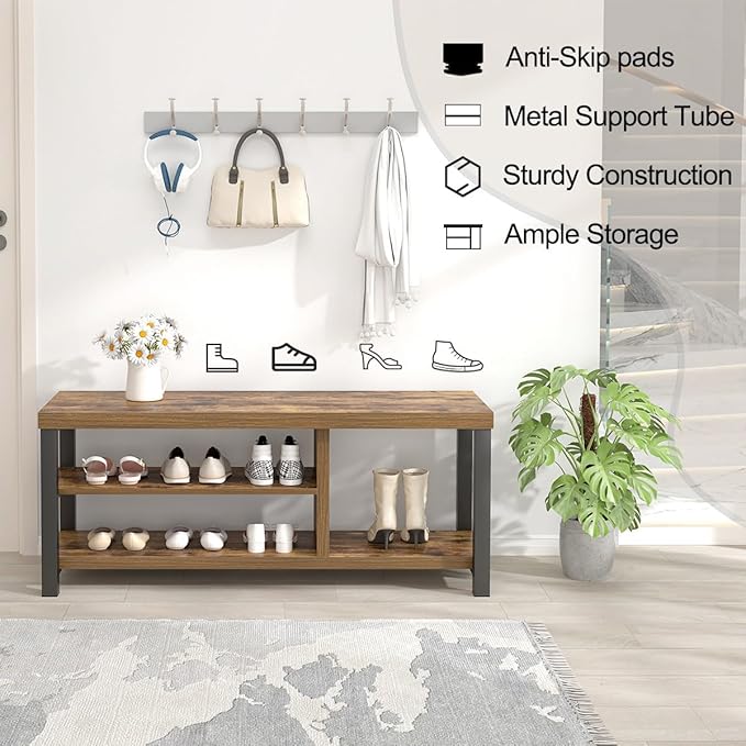 EXCEFUR Shoe Bench, Modern Wood Storage Bench for Entryway Hallway, Industrial Indoor Shoe Rack Bench Seat for Living Room Bedroom, 43.3 Inch Rustic Brown