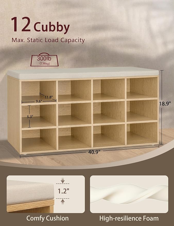 DINZI LVJ Shoe Storage Bench with Cushion, 12-Cubby Shoe Rack, Adjustable Shelves, 40.9" Long Shoe Organizer Bench for Entryway, Mudroom, Hallway, Garage, Natural and Cappuccino Beige