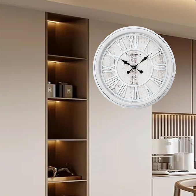 20 Inch Farmhouse Wall Clock, Vintage Wood Silent Non-Ticking, Battery Operated Retro Round Decorative Clock for Kitchen, Living Room, Bedroom,Office,Grey White