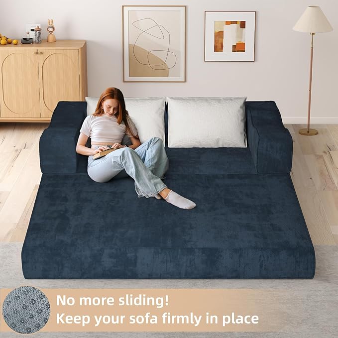 Rovibek 80-Inch 4-in-1 Boneless Sofa Bed – Corduroy Convertible Loveseat Sleeper, Fixed-Shape Frame, No Assembly Required, Space-Saving Pull-Out Futon for Living Room & Bedroom, Blue