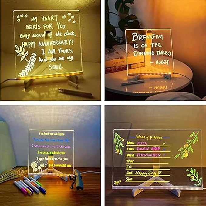 LED Note Board with Colors, Light Up Acrylic Message Board, Lighted Acrylic Dry Erase Board, Illuminated Acrylic Note Board with Colors Notepad with Adjustable Stand and 7 Pens(7.9" × 11.8")