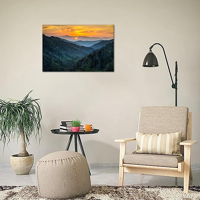 SKASNFAI Nature Landscape Canvas Wall Art Great Smoky Mountains Blue Ridge Mountains Wall Decor Forest Sunrise Pictures Framed for Living Room Bedroom (12x16 inch)