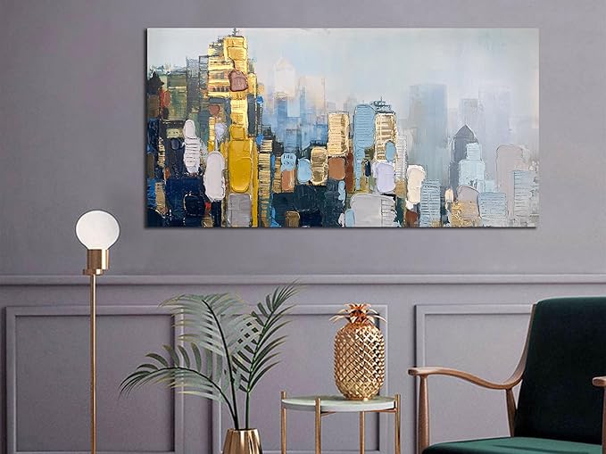 Arjun Abstract Wall Art 3D Textured Skyline Canvas Painting Gold Grey Colorful Modern Cityscape Metropolitan Picture Artwork Framed Extra Large for Living Room Bedroom Home Office Wall Decor, 58"x29"