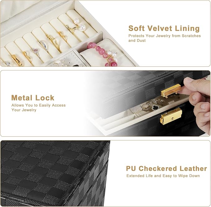 Jewelry Box for Women Girl Wife - Large PU Leather Jewelry Organizer Storage Case with Two Layers Display for Earrings Bracelets Rings Watches (Checkered Black)