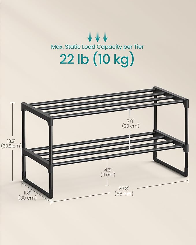 SONGMICS Shoe Rack, 2-Tier Shoe Organizer, Metal Storage Shelf, Upright or Upside Down, for 6-9 Pairs, Stackable, for Entryway, 11.8 x 26.8 x 13.2 Inches, Black ULSA202B01