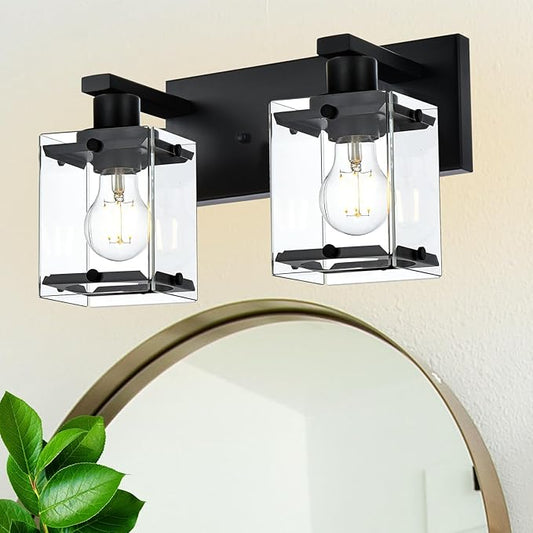 Black 2-Light Wall Sconce Bathroom Light Fixture, Rectangular Clear Glass Vanity Lighting Over Mirror, E26 Bulb Base