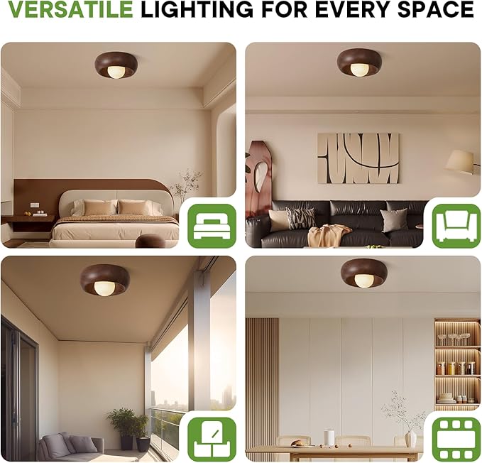 11.8 Inch Flush Mount Ceiling Light with 3D Printing Materials Moon Shade, Brown Imitation Wood Grain Modern Ceiling Light for Bedroom, Living Room, Hallway,Porch