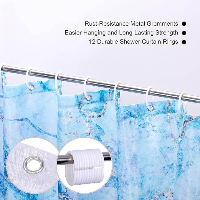 Marble Shower Curtain, Blue Marble Shower Curtain Set, Abstract Navy Blue Gold Glitter Veins Texture Marble Shower Curtains for Bathroom, Waterproof Fabric with 12 Hooks, 72 x 72 inches
