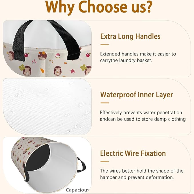 Laundry Hamper, Fall Hedgehogs Mushroom and Leaves Laundry Basket,Waterproof Foldable Storage Bin for Bedroom,Clothes Organizer Basket,Toys Box 16x20 Inch