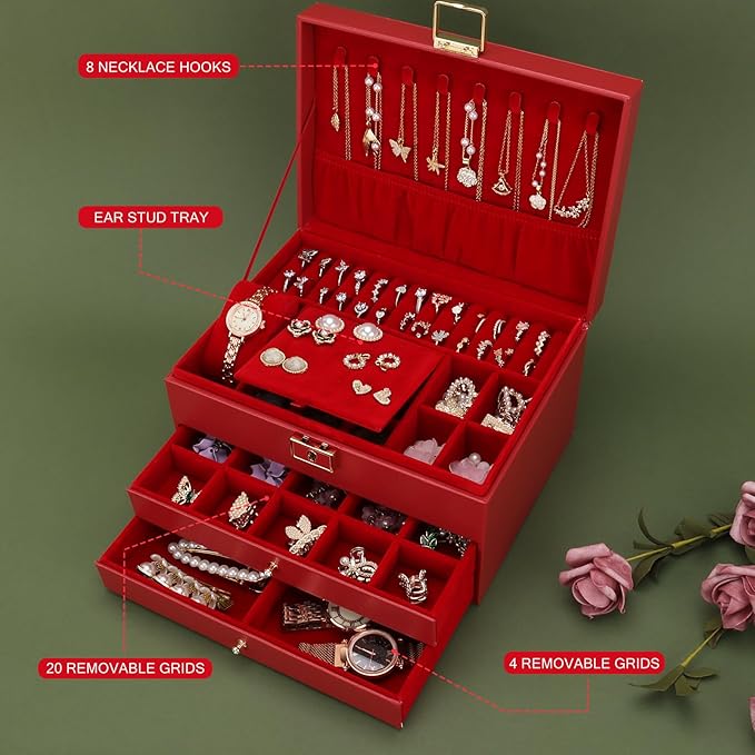 DesignSter Jewelry Box,Jewelry Organizer with 2 Drawers, 3 Layers Leather Jewelry Storage Box with Lock, Jewelry Storage Case for Necklaces Earrings Bracelets and Rings（Red）
