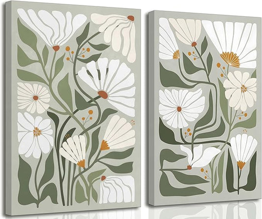 2 Pcs Boho Wildflowers Canvas Wall Art Green Bohemia Abstract Floral Botanical Painting Picture Wall Decor Poster Print Artwork for Living Room Bedroom Bathroom Home Decoration