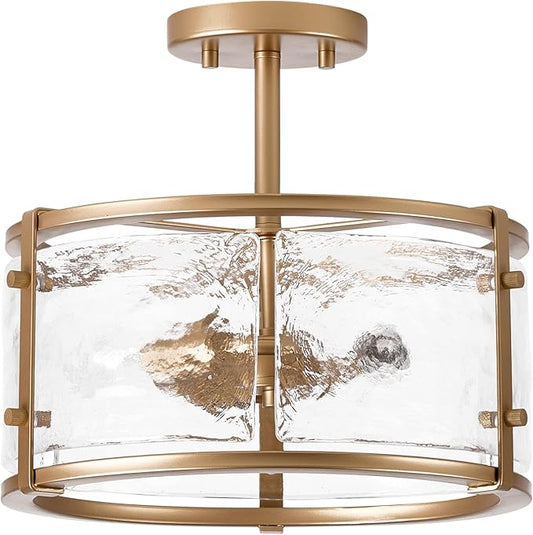 Gold Close to Ceiling Light - Semi Flush Mount Light Fixtures - 14inch Ceiling Light with Glass - E12 Brass Ceiling Light Fixture for Hallway Bedroom LivingRoom C2118-GD