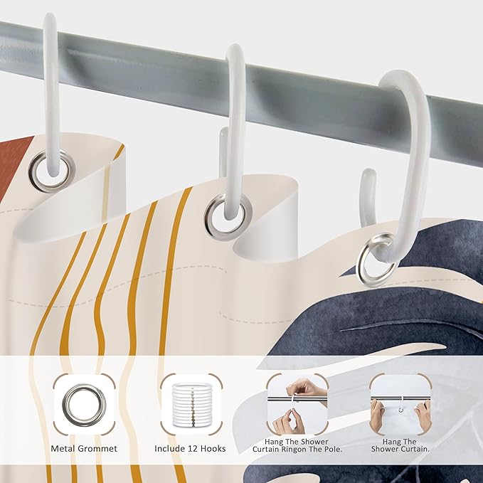 Glawry Abstract Tropical Shower Curtain Watercolor Navy Blue Brown Boho Palm Leaf Simple Minimalist Chic Bathroom Modern Botanical 60Wx72L Inches Bath Accessories Art Home Decor Fabric 12 Pack Hooks