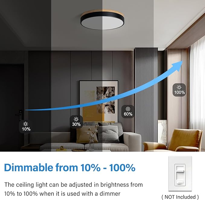Dimmable Wood LED Ceiling Light, 5CCT 2700K-6000K Modern Black Flush Mount Ceiling Light, Minimalist Round Close to Ceiling Light Fixture for Living Room, Bedroom, Kitchen, 15.74in
