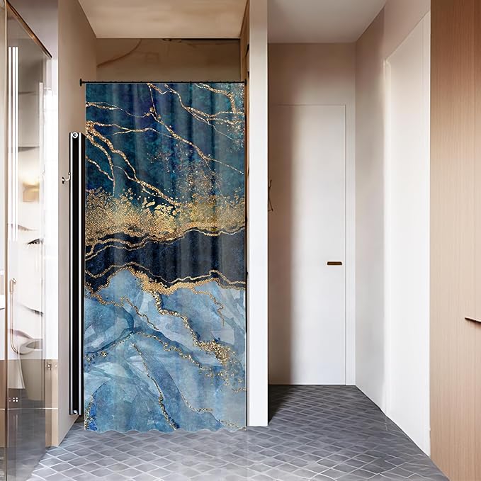 Marble Shower Curtain, Blue Marble Shower Curtain Set, Abstract Luxury Blue Golden Glitter Veins Texture Marble Shower Curtains for Bathroom, Waterproof Fabric, 36 x 72 inches