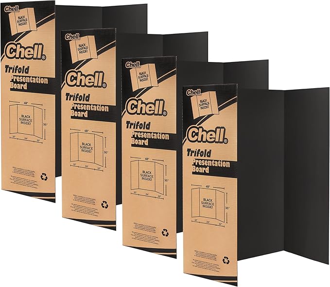 Chell 36" x 48" Large Trifold Poster Board, 4 Pack, Black Corrugated Project Boards for Science Fair, School Projects, Event Displays and Business Presentations