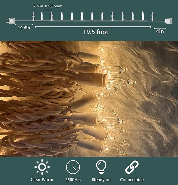 Christmas Lights 100 Count Clear Christmas Tree String Lights with White Wire for Outdoor Indoor Christmas Decorations Wedding Decorations Valentines Day Decor,UL Certified (21feet)