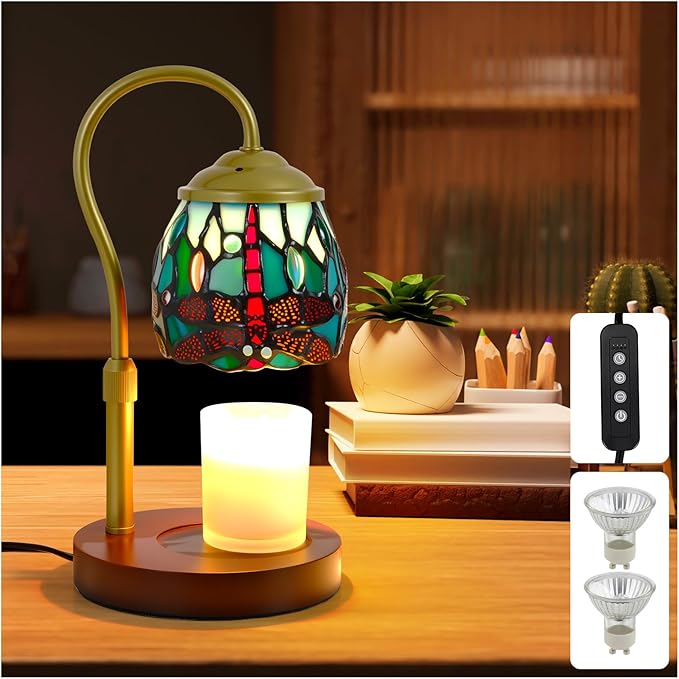 Candle Warmer Lamp with Timer Dimmer, Adjustable Height Candle Warmer for Jar Candles, Birthday Gifts for Women New Home Bedroom Decor Tiffany Dragonfly Style Stained Glass with 2 Bulbs