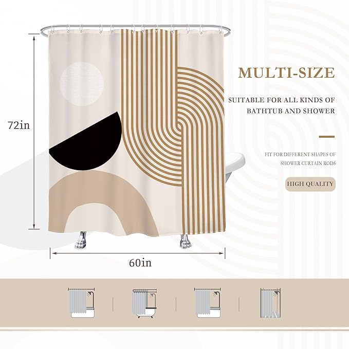 Glawry Mid Century Boho Shower Curtain Abstract Beige Stripe Geometry Arch Simple Minimalist Geometric Bathroom Modern Aesthetic 60Wx72L Inches Bath Accessories Art Home Decor Fabric 12 Pack Hook