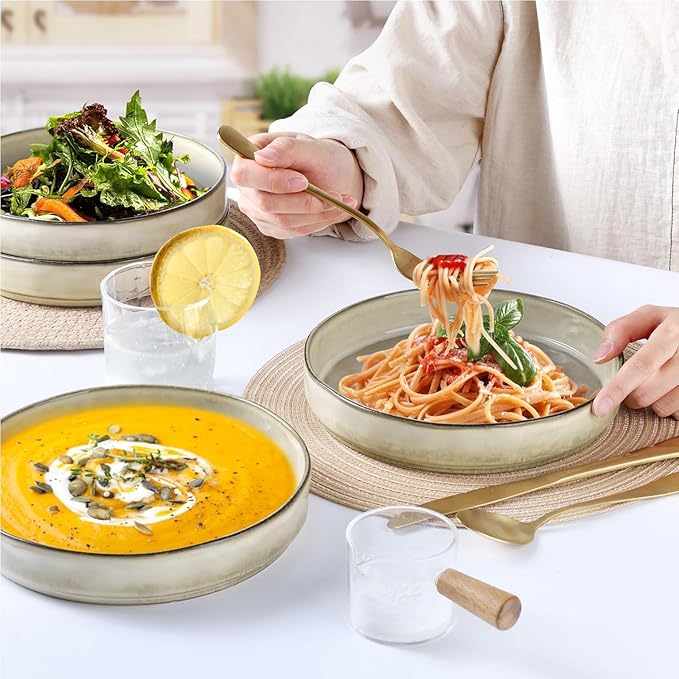 LIANYU Dinnerware with Pasta Bowls Set for 4, 16 Piece Stoneware Dish Ding Ware, Dinner Tableware Sets Includes Dinner Salad Plates, Cereal Salad Bowls, Chip & Scratch Resistant, Sandy Beige