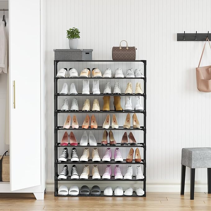 TY ARTS & CULTURE 2 Pack 9-Tiers Shoe Rack Organizer, Sturdy Metal Pipes & Durable Non-Woven Fabric, Space Saving Tall Shoe Shelf Hold 72-90 Pairs, Shoe Rack for Entryway (Black)