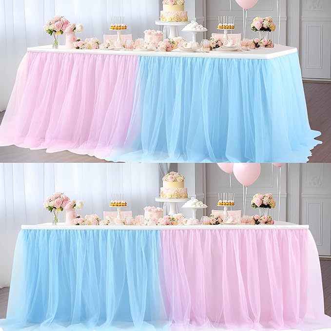 2 Pack 6ft Pink and Blue Tulle Table Skirt for Gender Reveal Tutu Table Clothes Cover for Baby Shower Boy or Girl Birthday Party Table Decorations, Gender Reveal Party Supplies