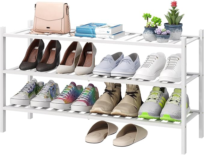 3-Tier Long Shoe Rack, Bamboo Wood Shoe Rack for Closet, Entryway & Hallway, Stackable White Shoe Shelf Storage Organizer for Indoor Outdoor