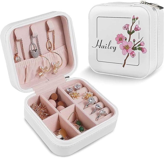 Custom Travel Jewelry Organizer with Birth Flower and Name, Personalized Jewelry Box, Custom Gifts for Birthday, Wedding, Anniversary, Personalized Gifts for Women, Girls, Mother, Wife, Bridesmaid