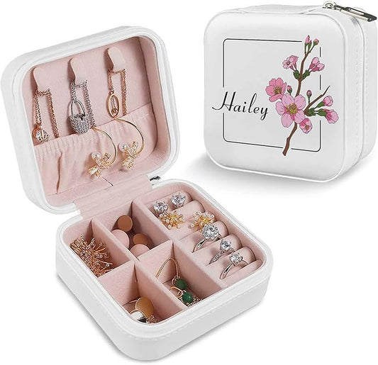 Custom Travel Jewelry Organizer with Birth Flower and Name, Personalized Jewelry Box, Custom Gifts for Birthday, Wedding, Anniversary, Personalized Gifts for Women, Girls, Mother, Wife, Bridesmaid