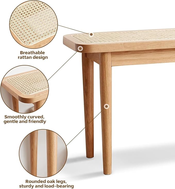 39.4'' Natural Rattan Dining Bench with 100% Solid Oak Wood Bench Frame, Bed End Shoe Ottoman for Kitchen Bedroom Entryway, Natural Oak
