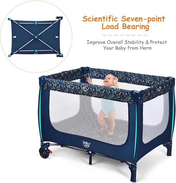 HONEY JOY Pack and Play, Foldable Baby Playard with Bassinet, Lightweight Installation-Free Travel Baby Crib from Newborn to Toddlers, Portable Nursery Center w/Lockable Wheels & Carry Bag(Blue)