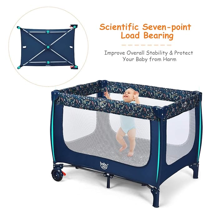BABY JOY Portable Playard with Bassinet, Double Layer Foldable Baby Playpen with Breathable Mattress, Lightweight Easy Set up Baby Crib with Carry Bag, Foldable Travel Crib from Newborn to Toddlers