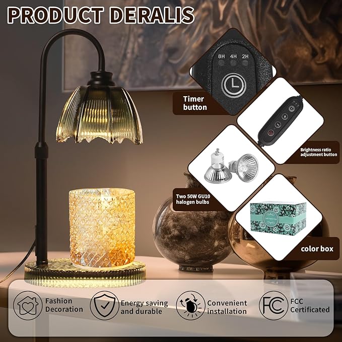 Candle Warmer Lamp with Timer: Adjustable Height and 4 Dimmer, Crystal Glass Base, Heater Wax Warmer for Jar Scented, Home Décor and Housewarming & Birthday Gift for Mom Woman, 2 Bulbs (Dark Green)