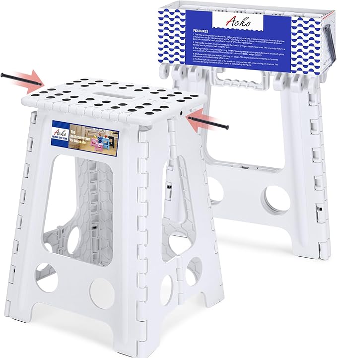 ACKO Folding Step Stool Foldable 17.5 Inch 400 lbs Capacity, Plastic Stools for Adults and Kids, Collapsible Stools for Kitchen, Stepping Stool with Handle (White)