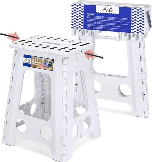 ACKO Folding Step Stool Foldable 17.5 Inch 400 lbs Capacity, Plastic Stools for Adults and Kids, Collapsible Stools for Kitchen, Stepping Stool with Handle (White)
