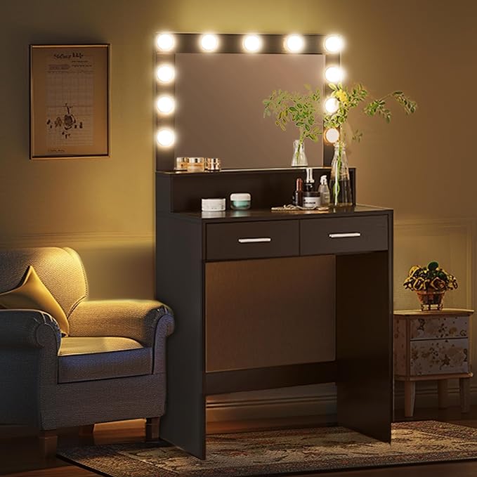 MIRROTOWEL Vanity Desk with Mirror and Lights, Dressing Table with Large Drawer, 2 Level Storage Dresser & 3 Lighting Modes Adjustable Brightness, Suitable for Bedroom