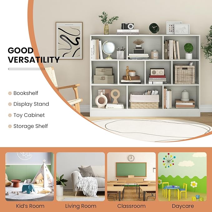 Costzon 10 Cube Bookshelf for Kids, Wooden Toy Storage Organizer w/ 2 Anti-Toppling Kits, 3 Tier Open Shelves & Non-Slip Foot Pads, Book Shelf for Kids Rooms, Playroom, Classroom, Nursery (White)