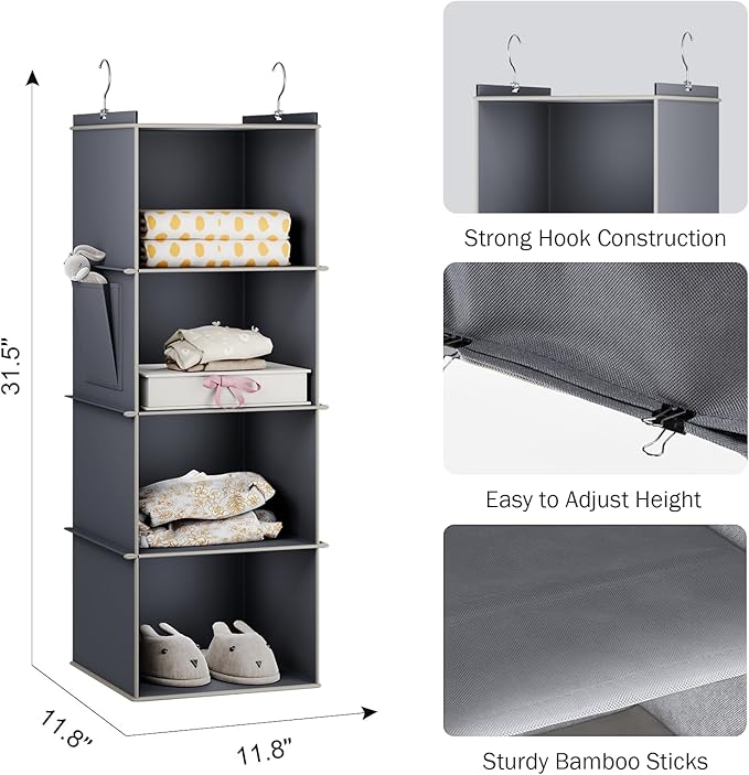 Hanging Closet Organizer, 4-Shelf Closet Hanging Storage Shelves, Grey